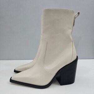 Larroude James Ankle Boot Womens 10 Cream Leather Tall Block Heel Pointed Toe